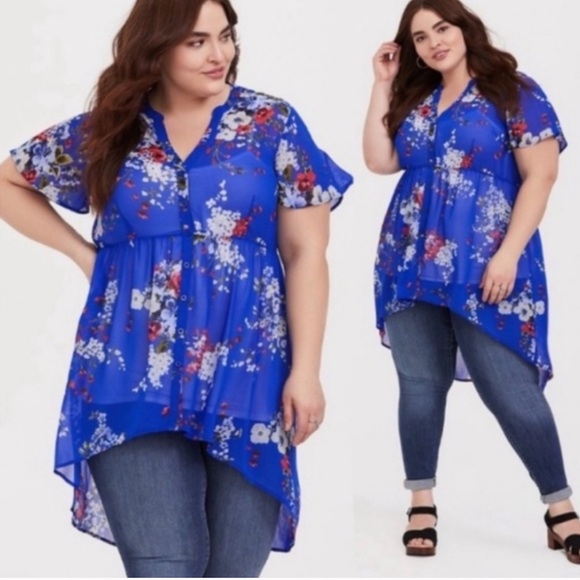 torrid Tops - Torrid 1X Chiffon Sheer Babydoll Blue Floral High Low Shirt with Buttons.